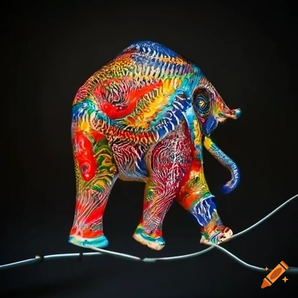 Painted elephant balancing on a thin wire