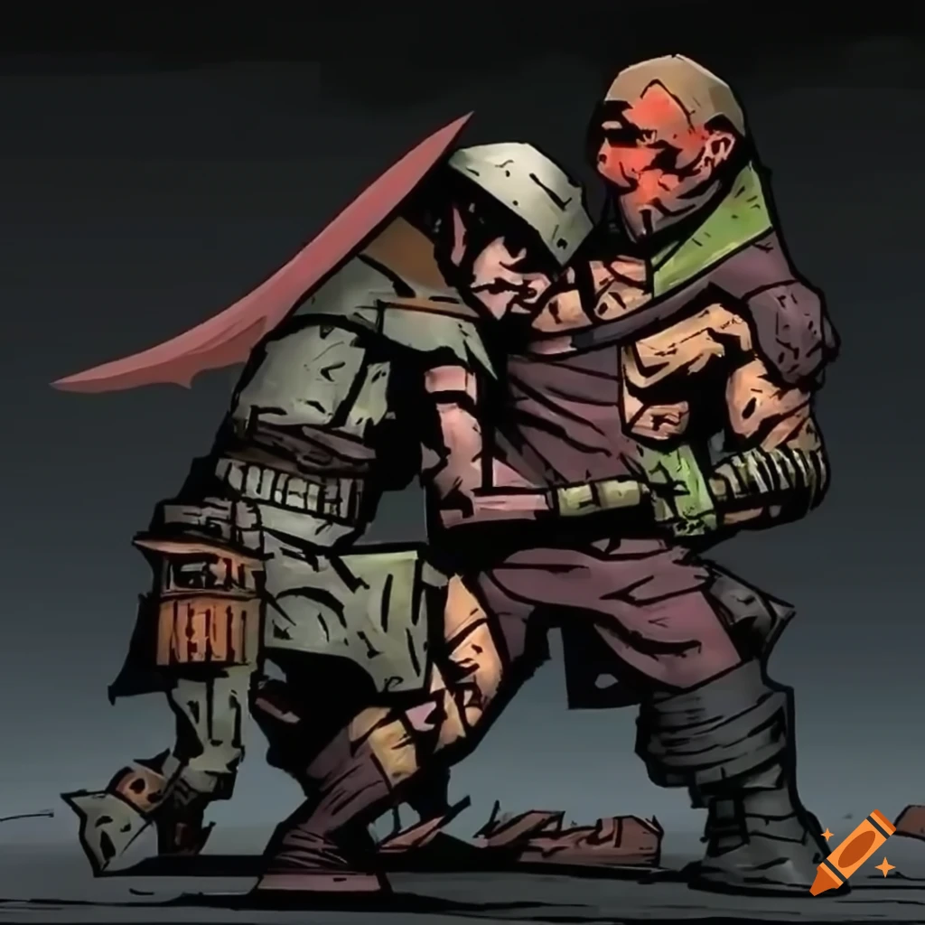 Two men engaged in a sword fight in a dark dungeon