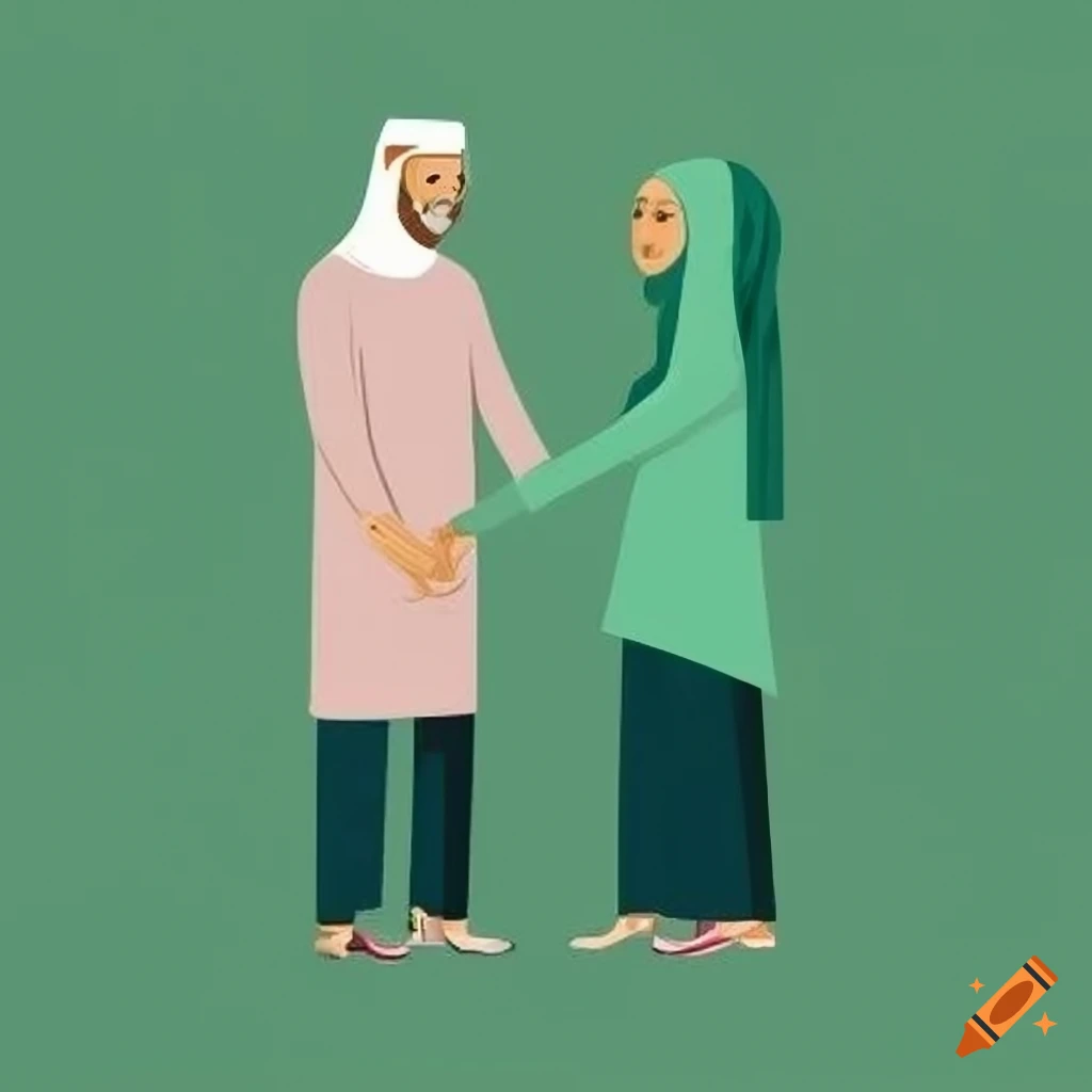 Muslim couple in traditional attire holding hands in a modern style