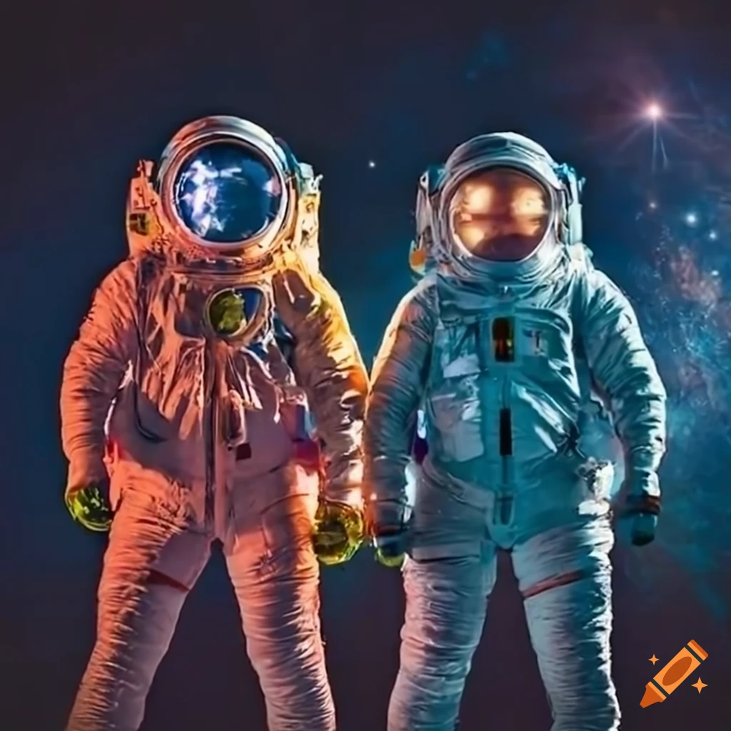 Colorful spacesuited astronauts on missions in the Universe