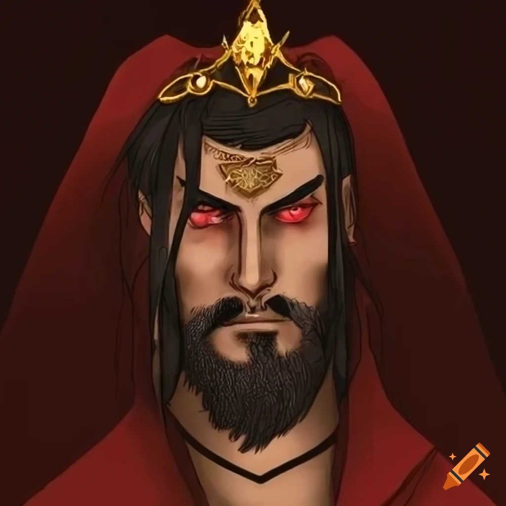 Young handsome Lich with red eyes, black beard, and old crown standing on a mountain