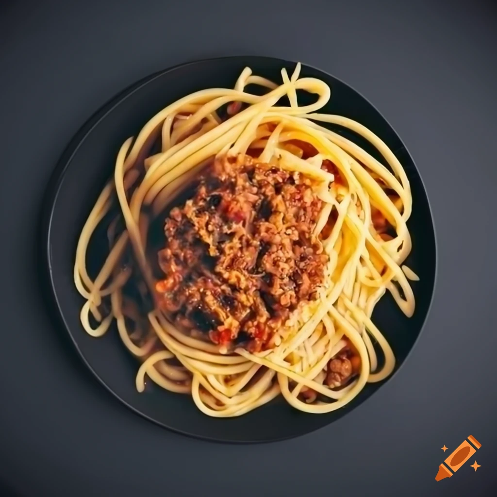 Top view of spaghetti bolognese on black background