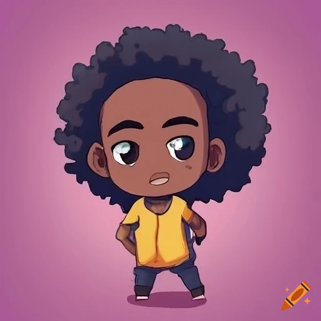 Chibi art style happy black man with afro