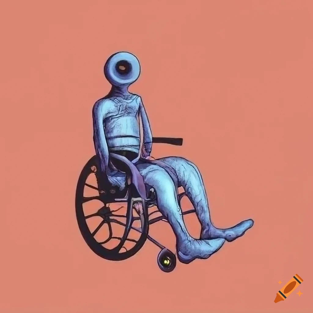 Anamorphic maggot in a wheelchair in a symbolic drawing