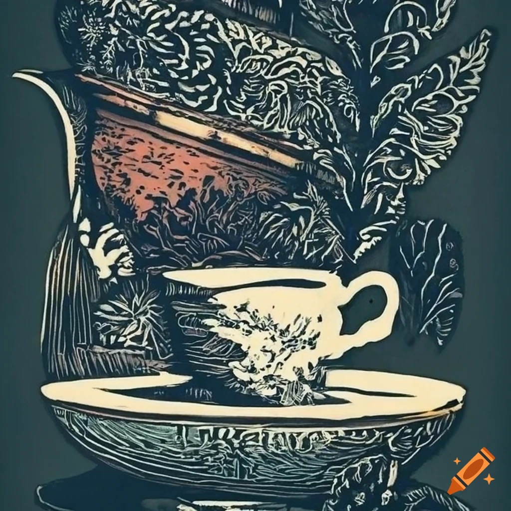 Vibrant traditional woodblock print on teacups and tea leaves