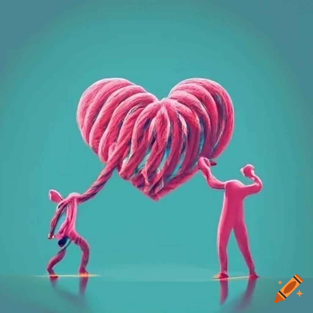 Pictogram of one person bound by rope trying to escape and another pulling the rope with a heart above