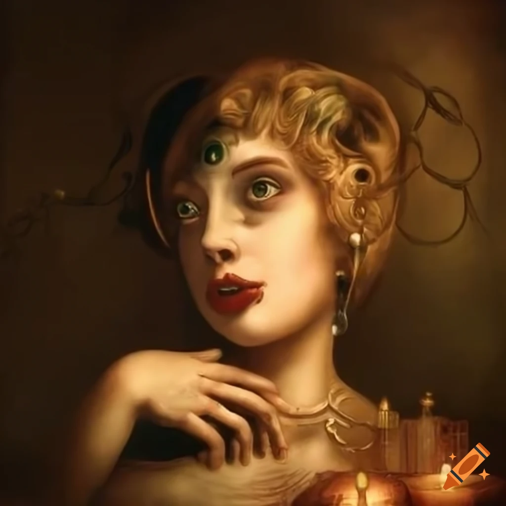 Surreal scene of a woman surrounded by antiques in a strange setting