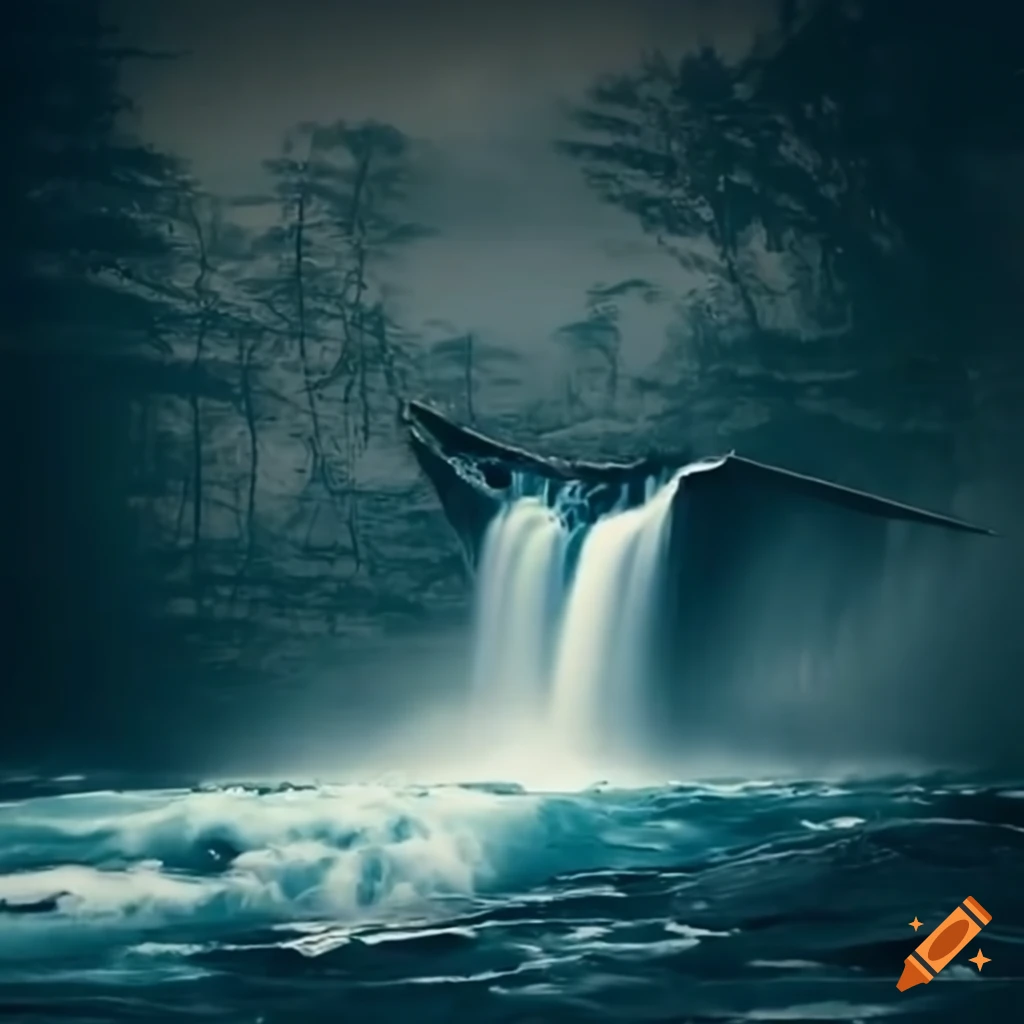 Boat falling from a waterfall