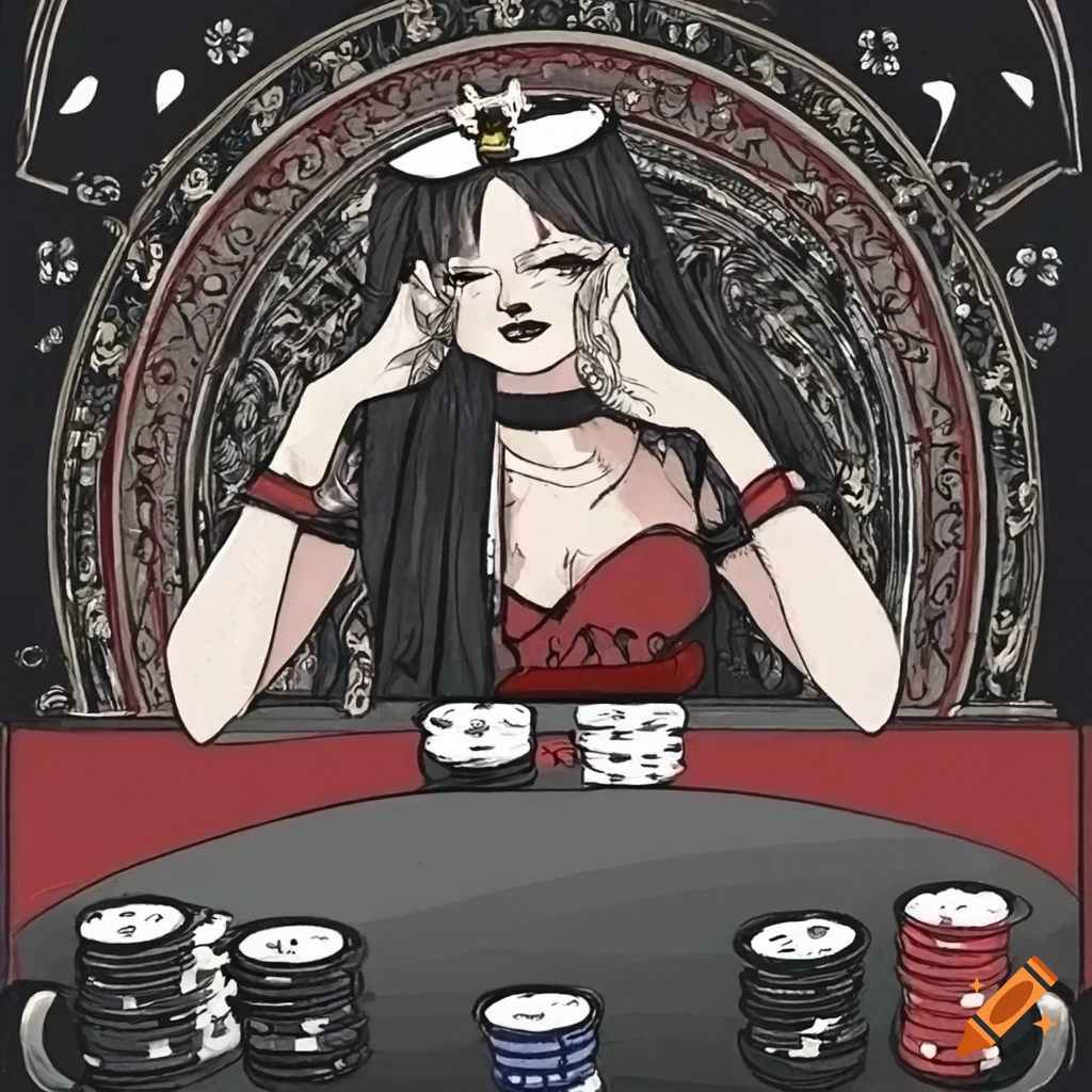 Gothic queen of hearts crying at the poker table