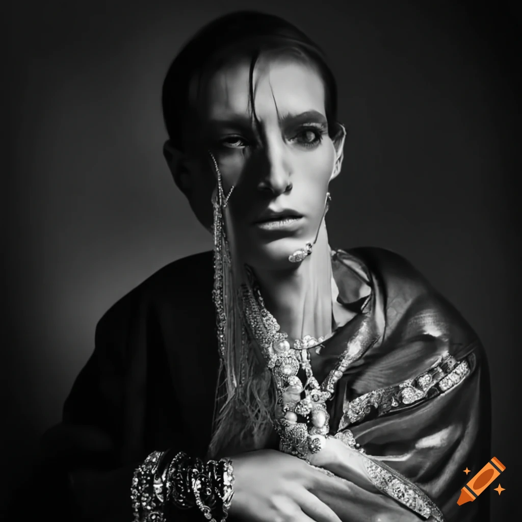 Lonely rich man in royal clothing and jewelry inside a large house