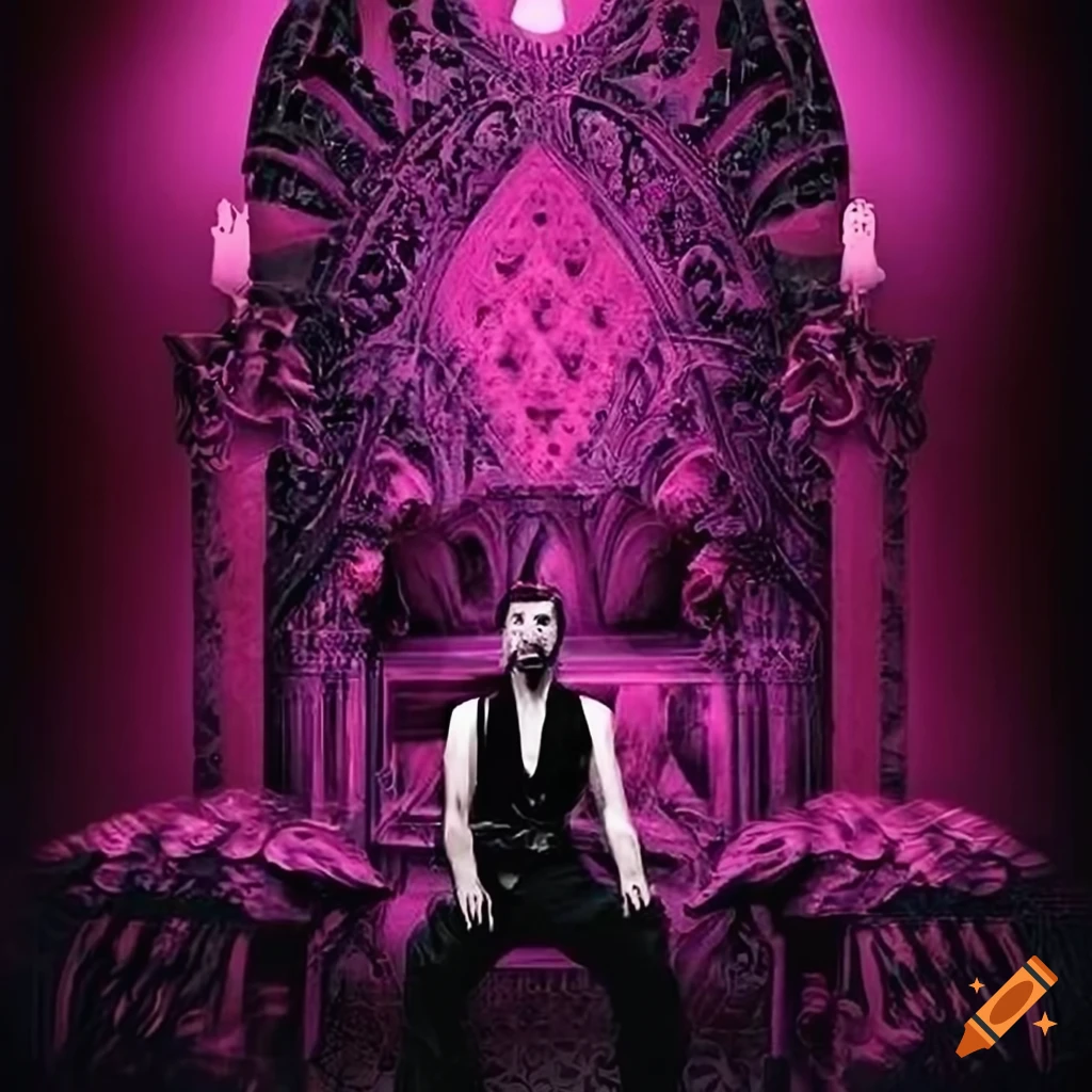 Man seated on a luxurious pink throne in a gothic dungeon exuding power and mystery