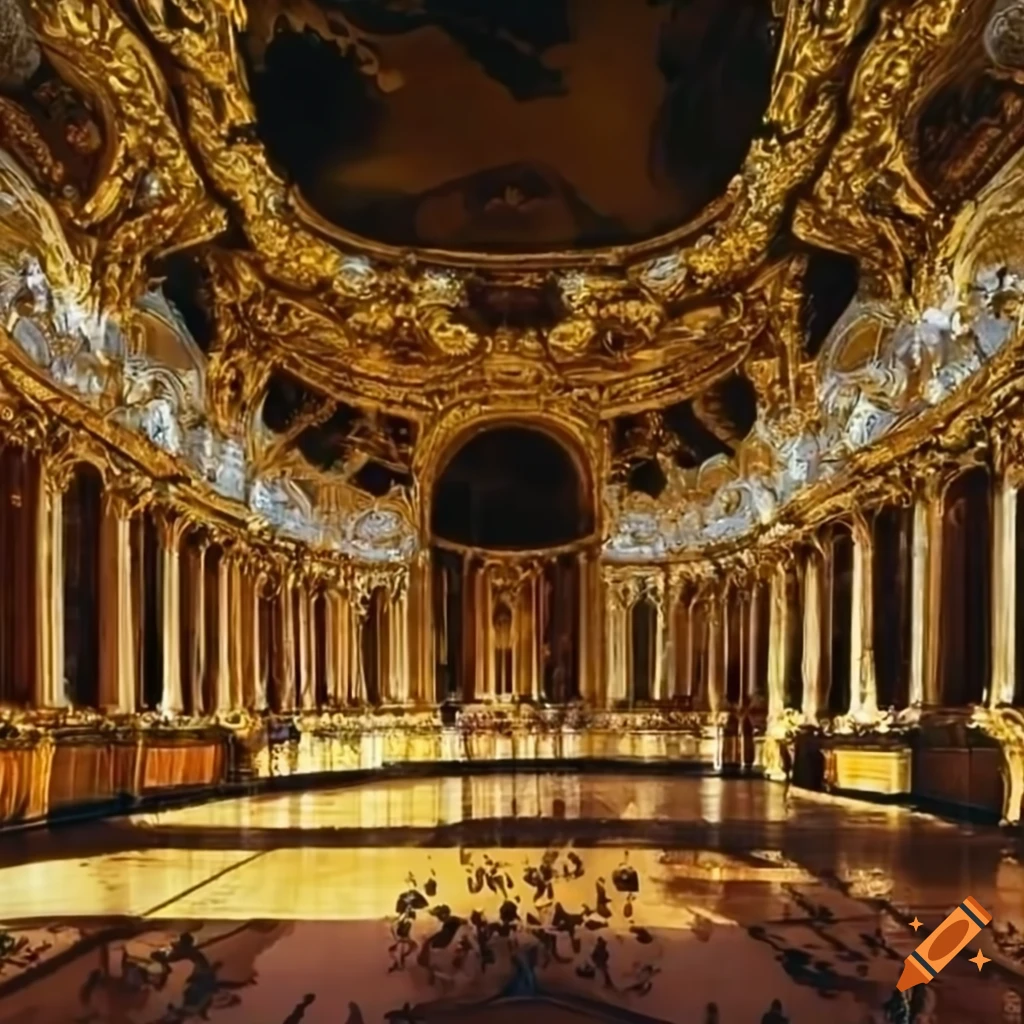 Wide view of a golden ballroom being reclaimed by nature