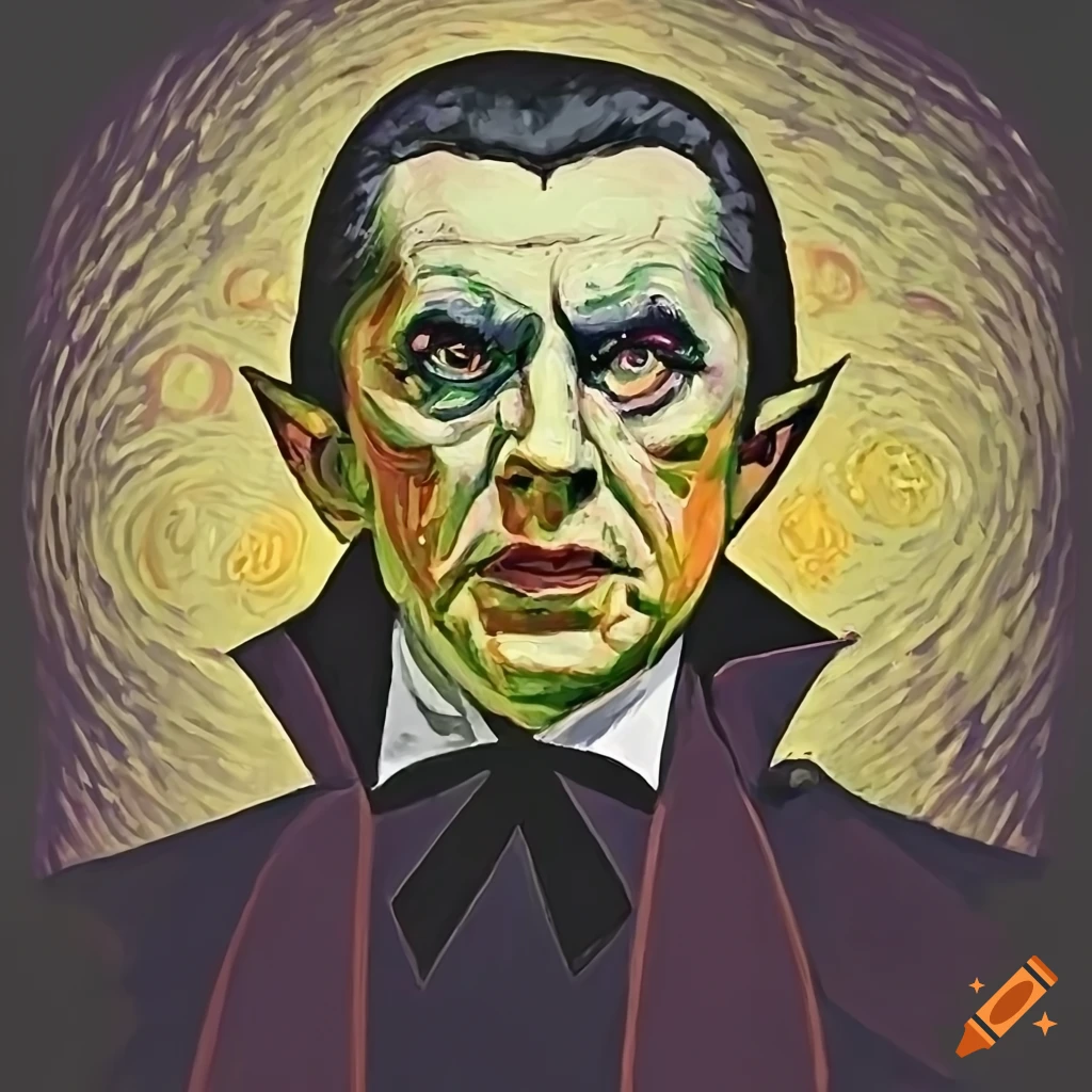 Bela Lugosi depicted as Dracula in the style of Van Gogh