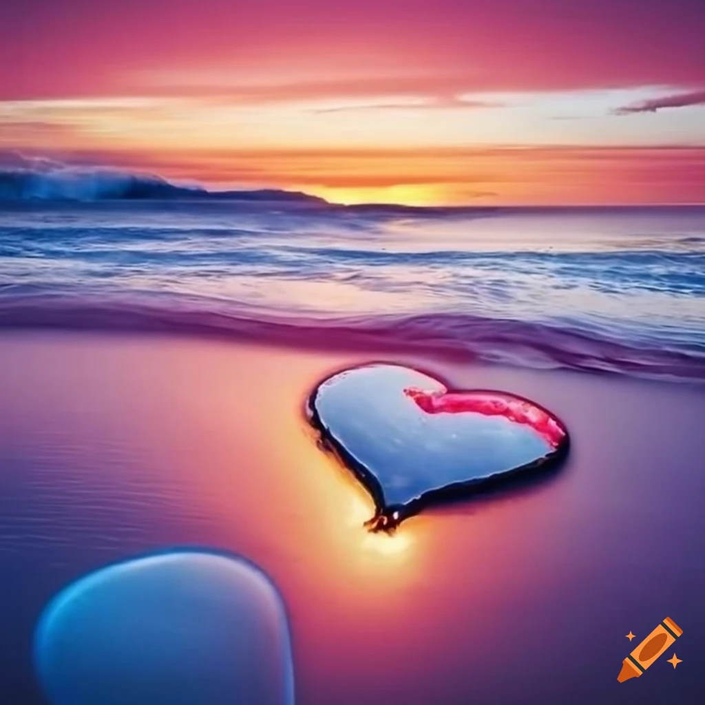 A large shiny red glowing heart on the sandy beach with ocean waves washing over it, top view close-up 200mm