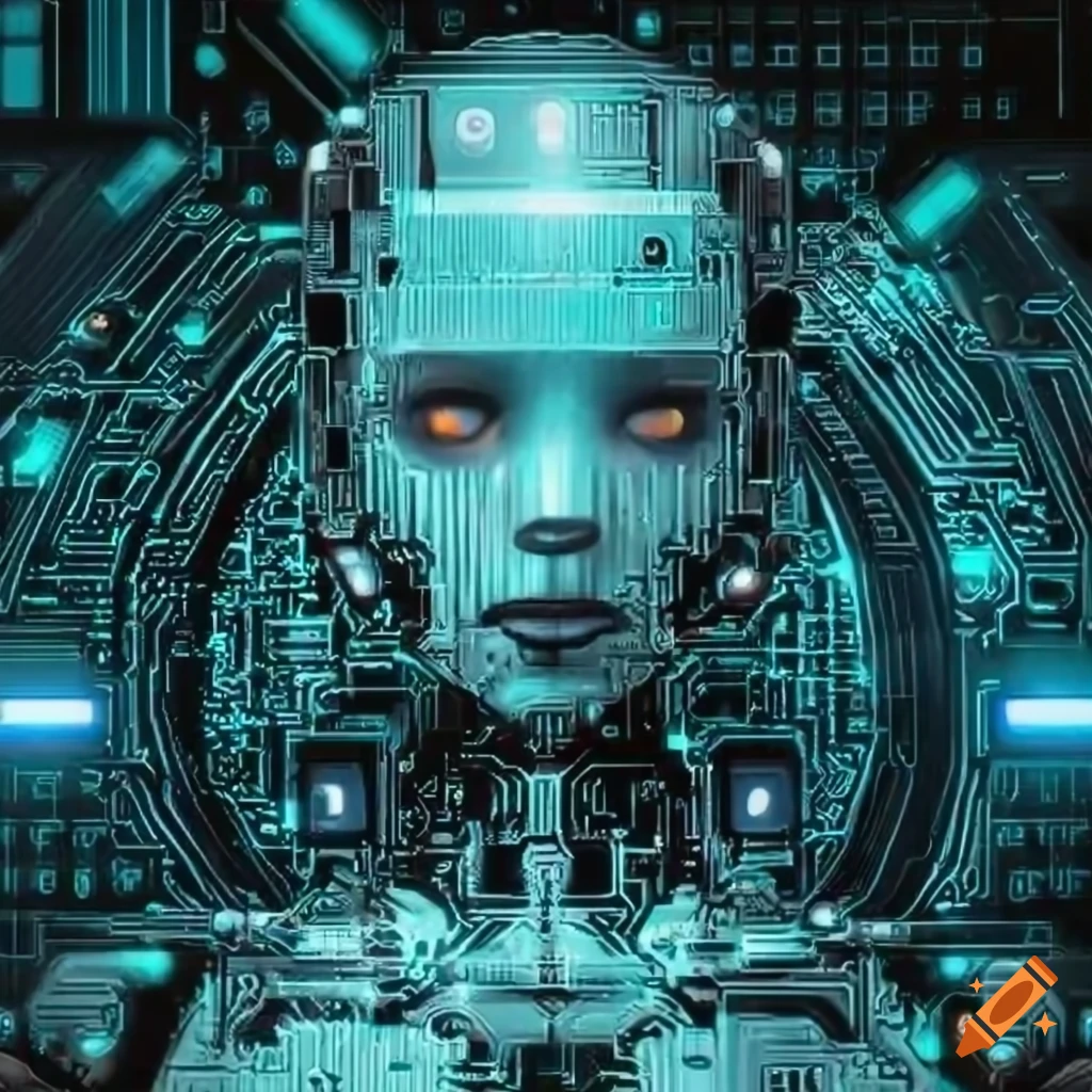 Large cybernetic AI character from the cyber thriller game Shodan with circuit board background