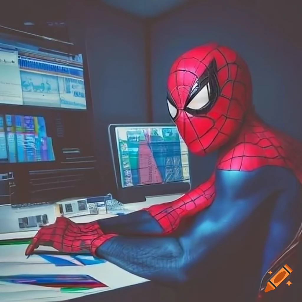 Spiderman analyzing oil and gas data with graphs and charts
