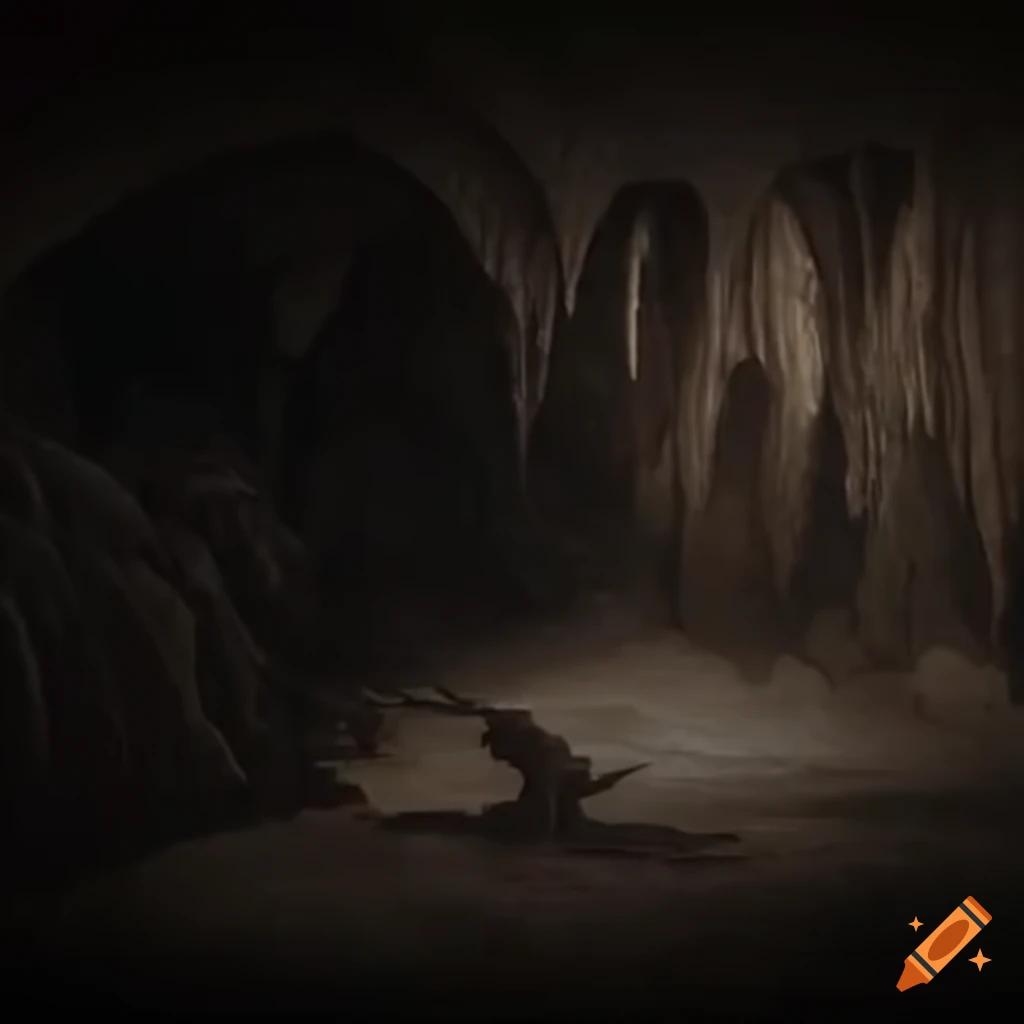 Vintage picture of a cave with a hiding wyvern