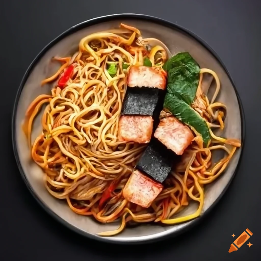 Spam musubi and chow mein noodles on a plate on Craiyon
