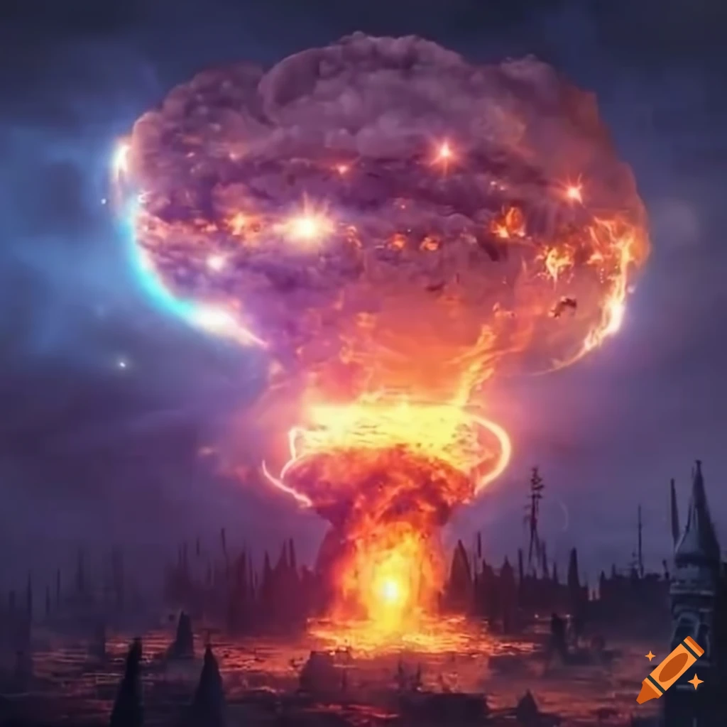 Celestial explosion creating a radiant burst of light in a destroyed fantasy world