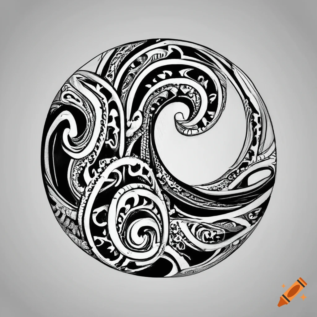 Koru Maori tattoo design creating a Kanagawa wave in black and white