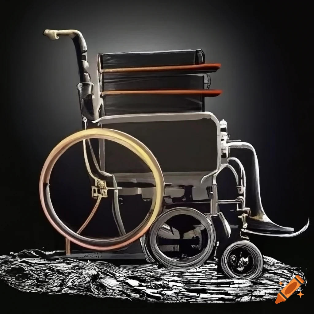 Anamorphic maggot in a wheelchair in a graphic drawing