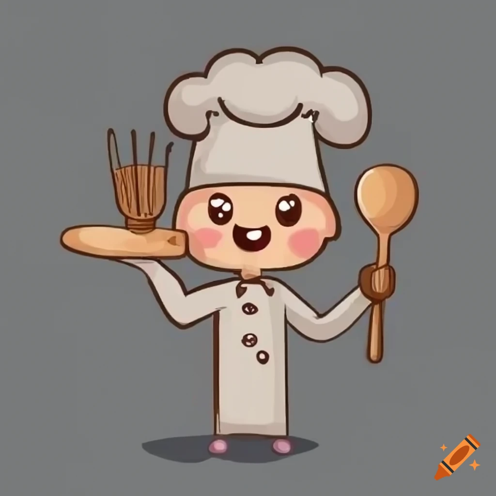 Kawaii chef character with peak hat holding a wooden utensil