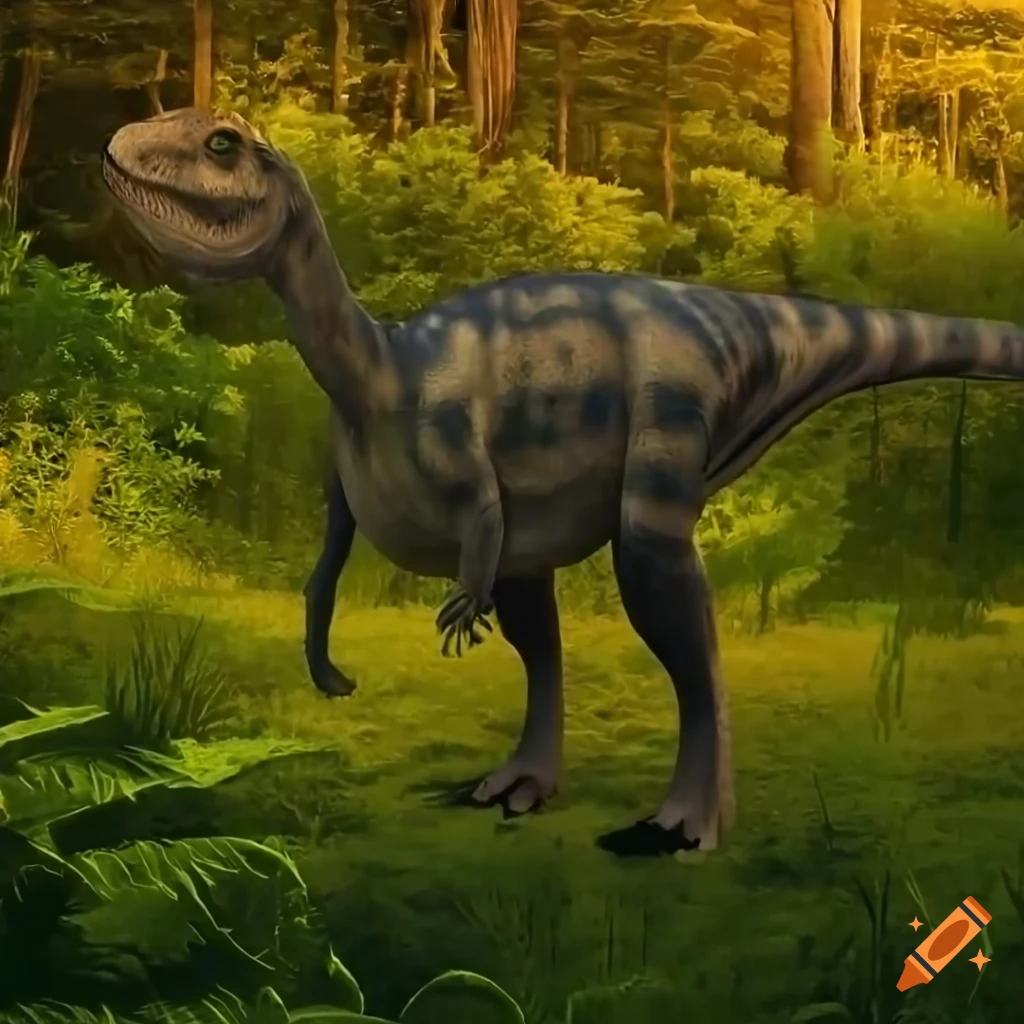 Hypsilophodon dinosaurs in a fern prairie with forest in the background