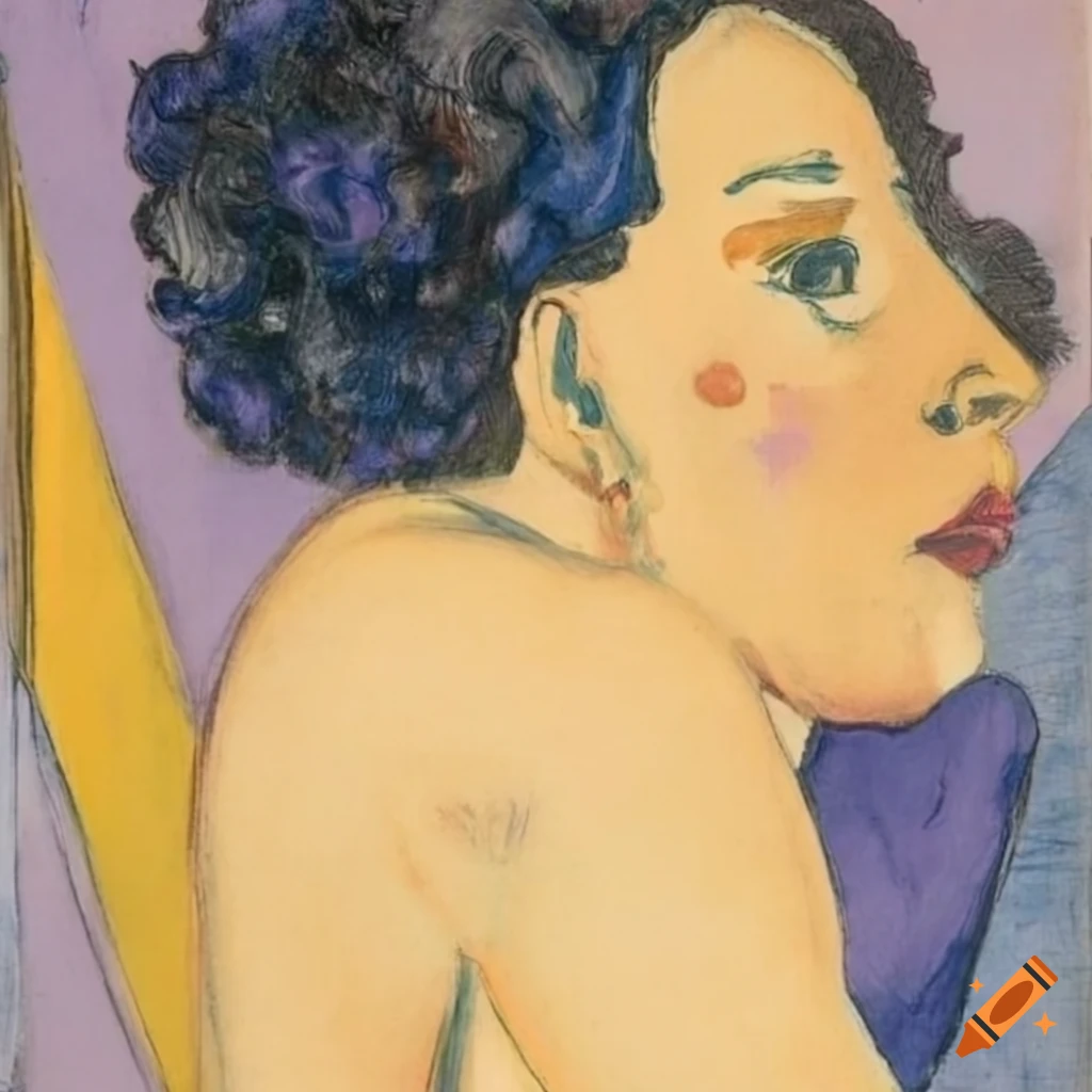 Proud woman with curly hair in a drawing with sharp lines and colorful palette