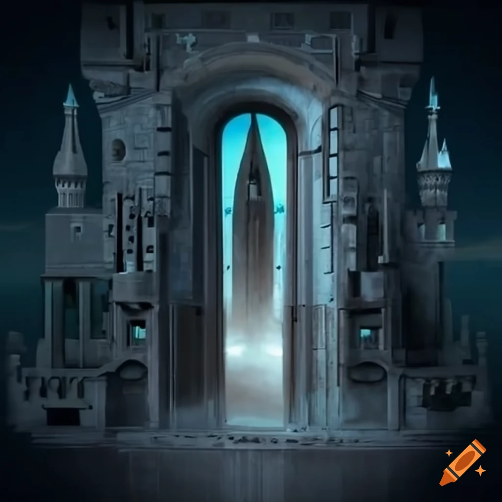 Futuristic elevator in a grand medieval stone castle
