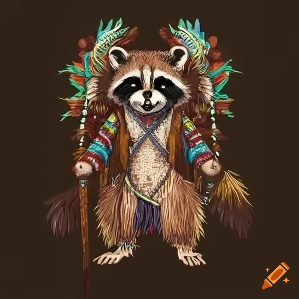 Anthropomorphic raccoon in tribal shaman attire
