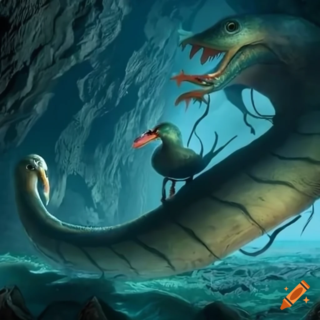 Sea serpent battling anthropomorphic duck in a cave