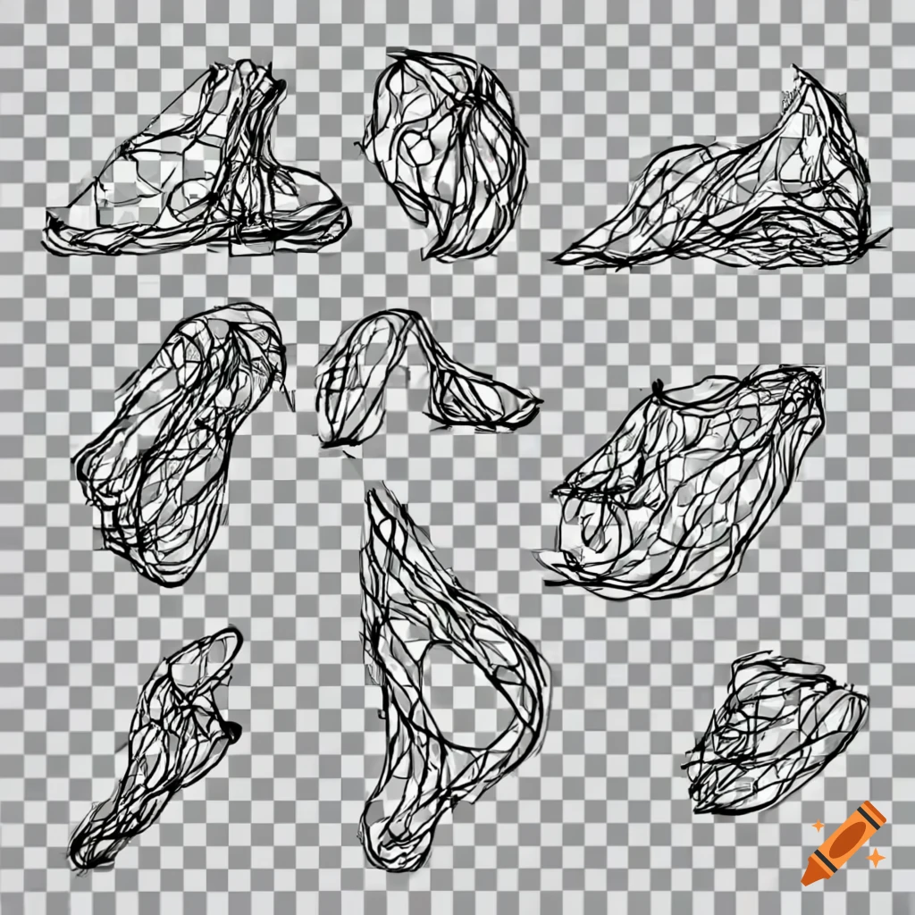 Irregular pencil line drawings of sculptures on transparent background