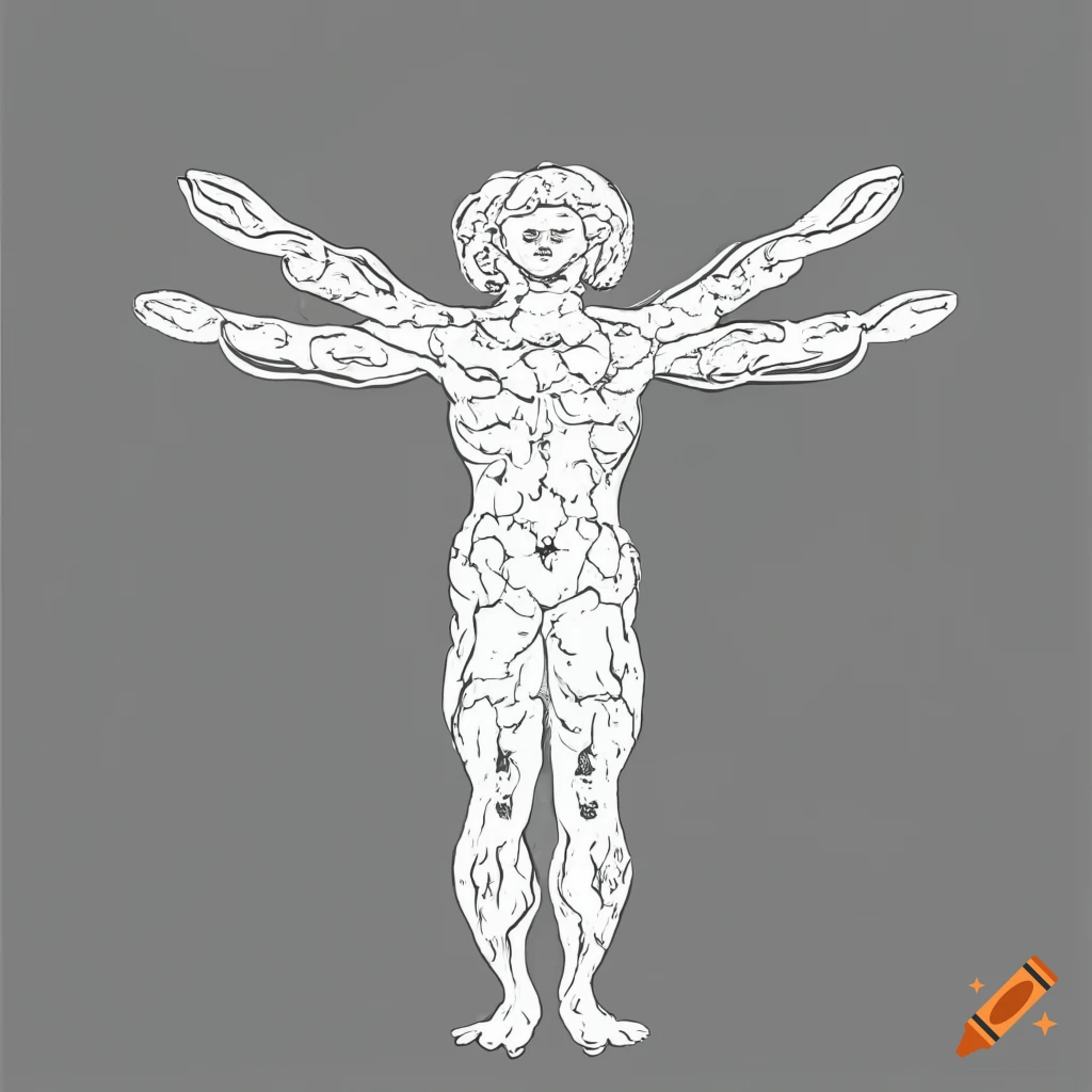 Stylized black and white illustration of vine leaves, olive branch, Aphrodite shell, pearl, and Vetruvian man with Renaissance features