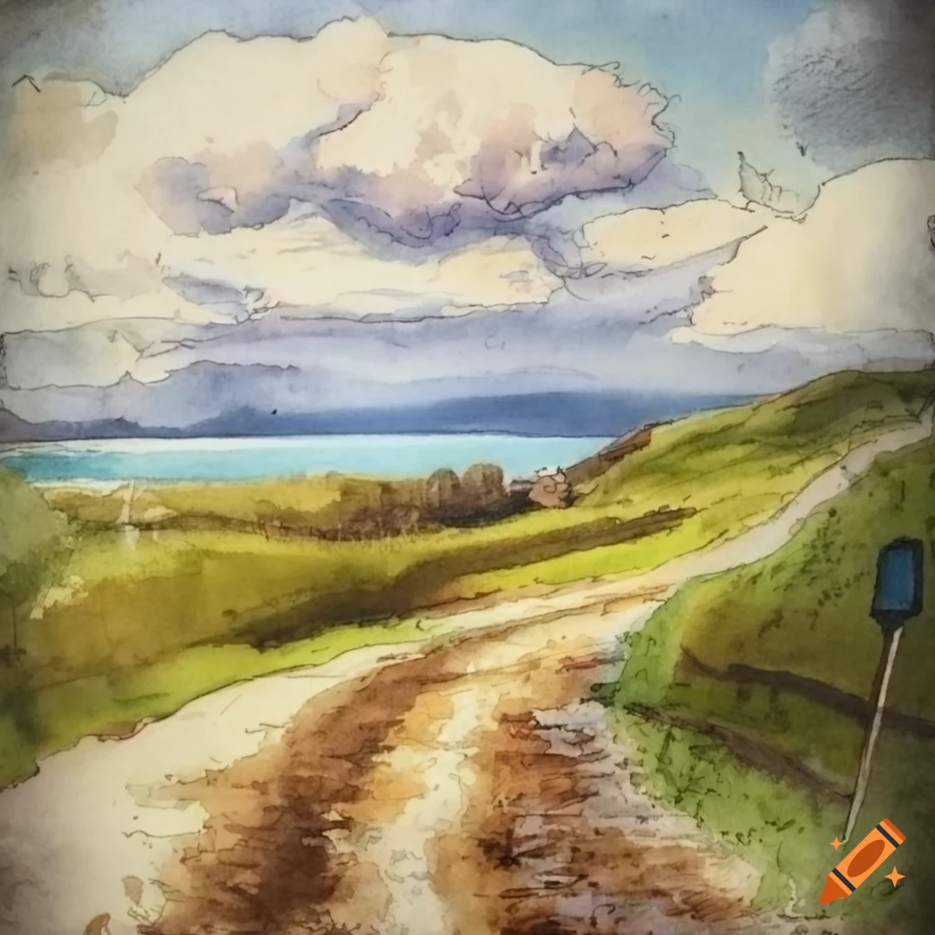 Irish landscape with grey clouds, hills, sea town, and rural foreground in watercolor and ink