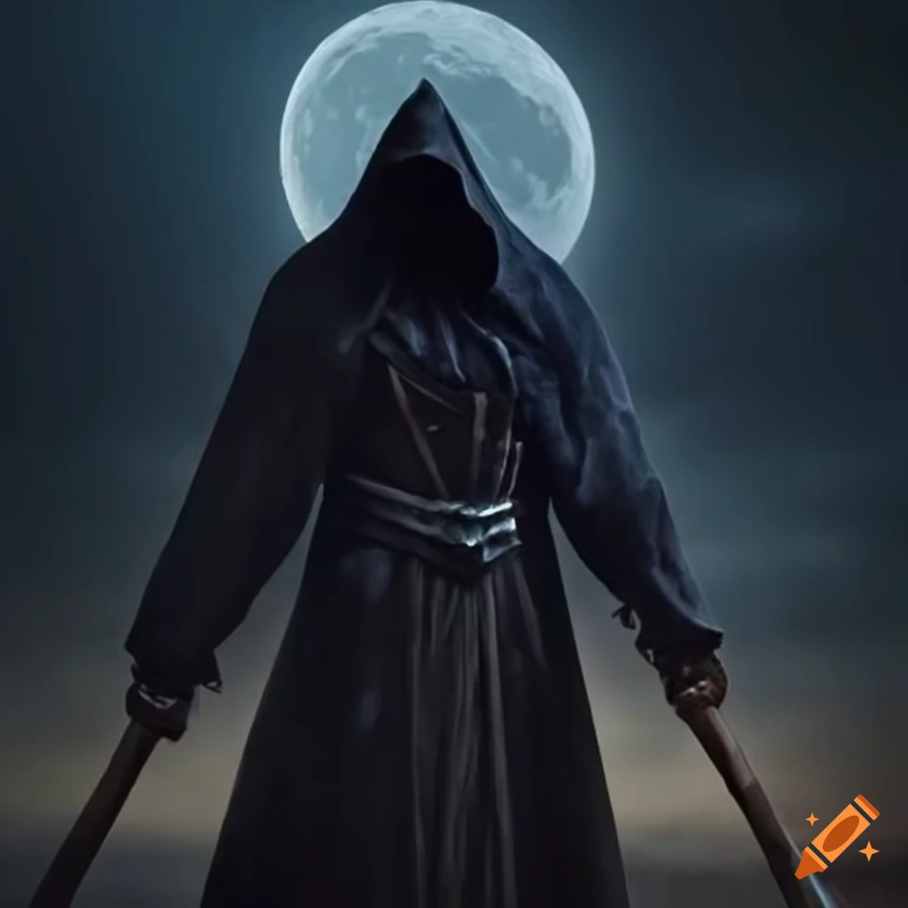 Hooded warrior under moonlight