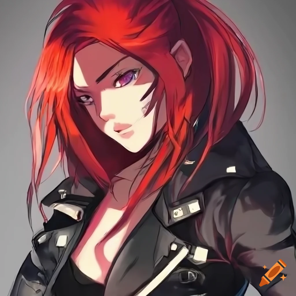 Anime biker chick with red and black hair in a black biker jacket