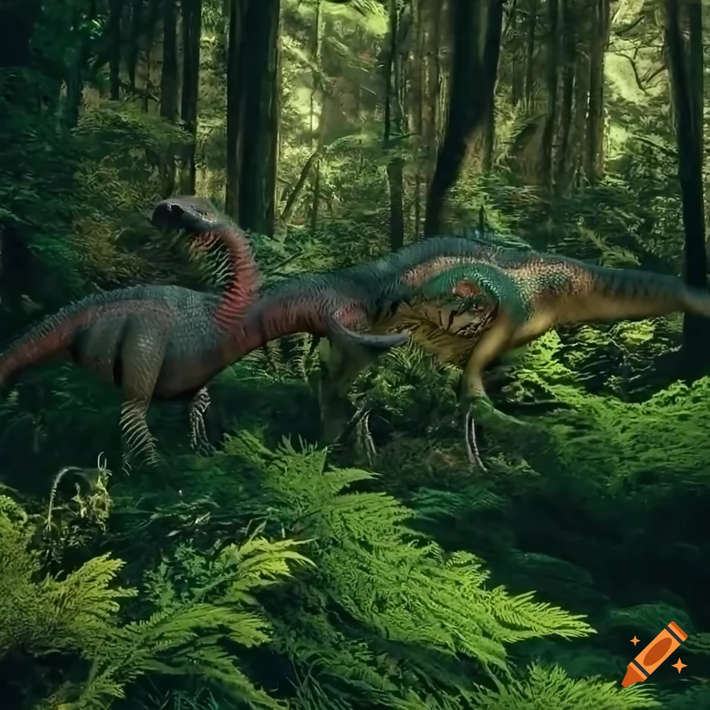 Hypsilophodon dinosaurs in a cedar forest among ferns and moss