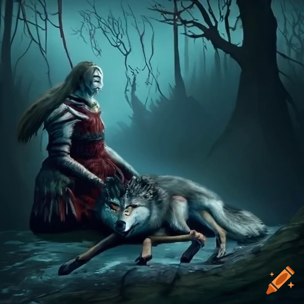 Sif, the Great Grey Wolf from Dark Souls, lying wounded in a dark forest