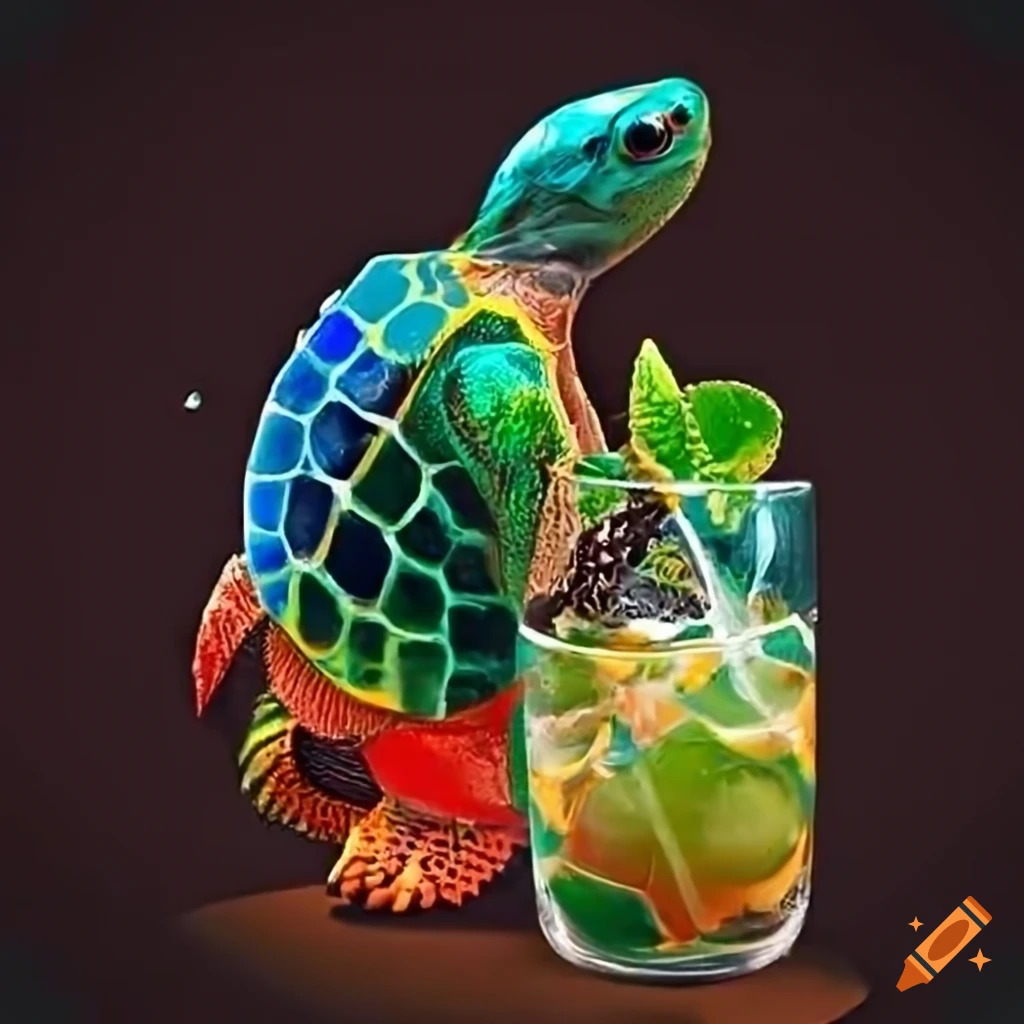 Colorful turtle enjoying a mojito