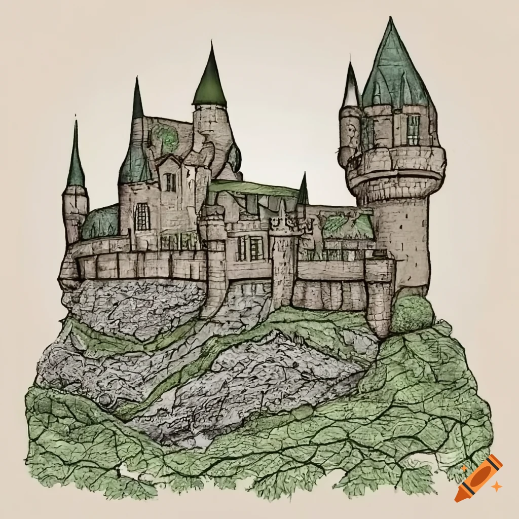 Overgrown castle with moss and vines in a fantasy landscape