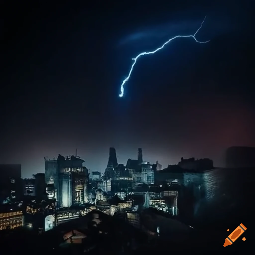 Cityscape from afar with a storm overhead at night