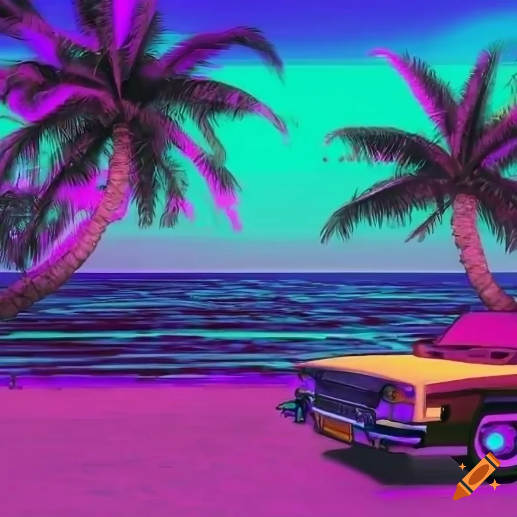 Retro 80s vaporwave style beach landscape with palm trees and car