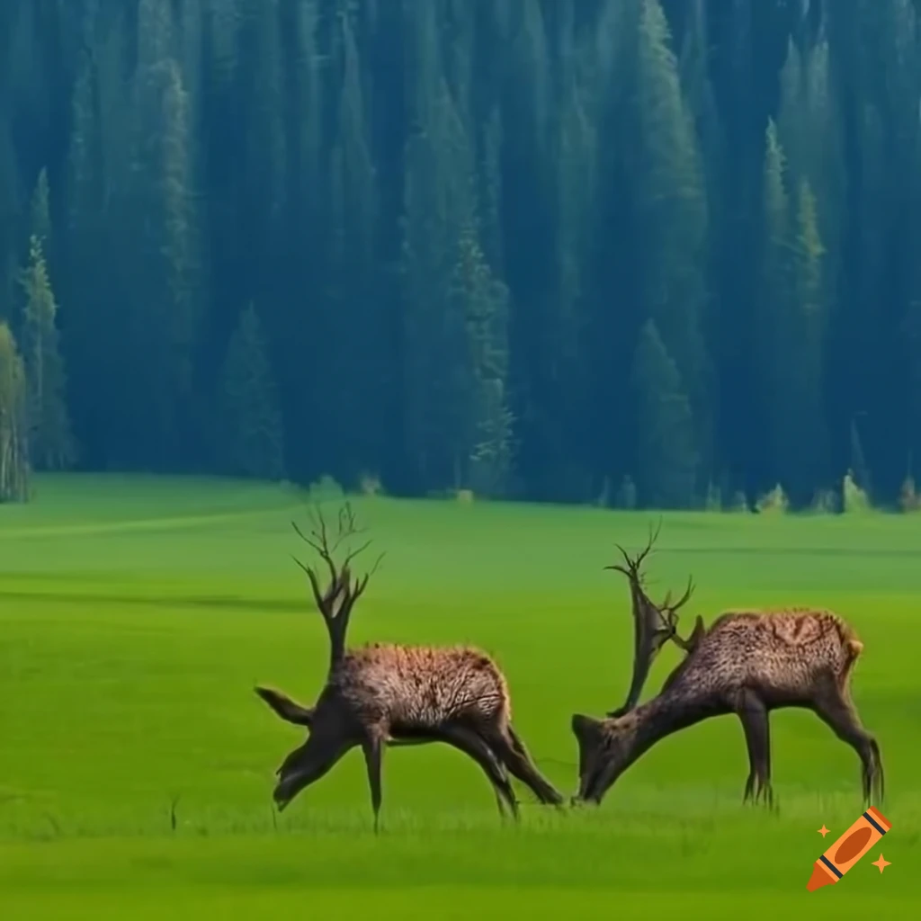 Landscape in Canada in spring with bears and deer, an eagle flying in the sky