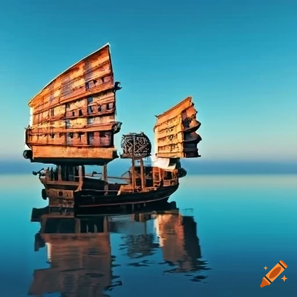 Korean junk ship with three houses on board sailing on water