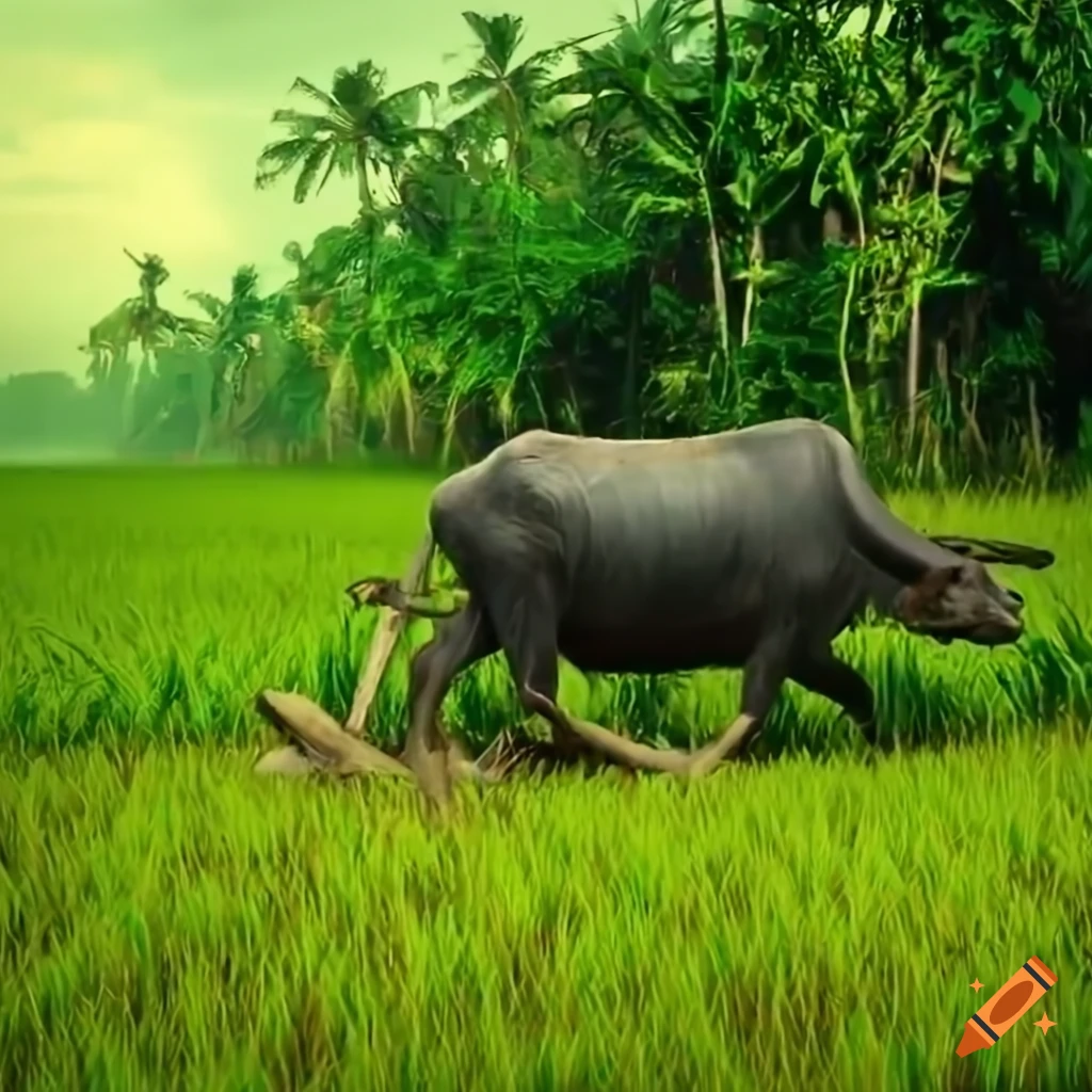 Javanese farm scene with buffalo plowing paddy fields in lush greenery
