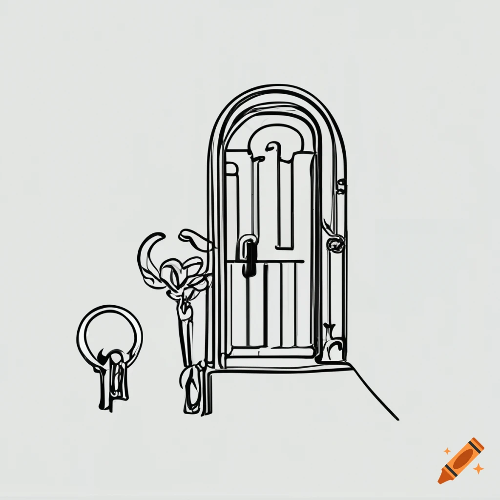 Vector art of an old fashioned key and lock on a door in a single black line design