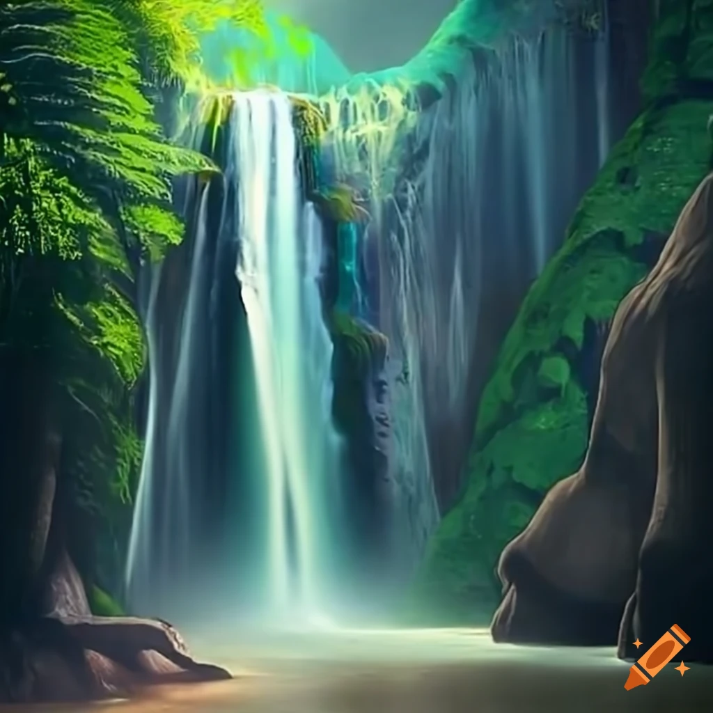 Great Waterfall cascading down from the highest cliffs into a shimmering pool in the jungle