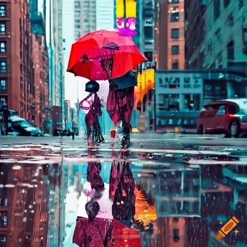 Rainy NYC street with colorful umbrellas and puddles