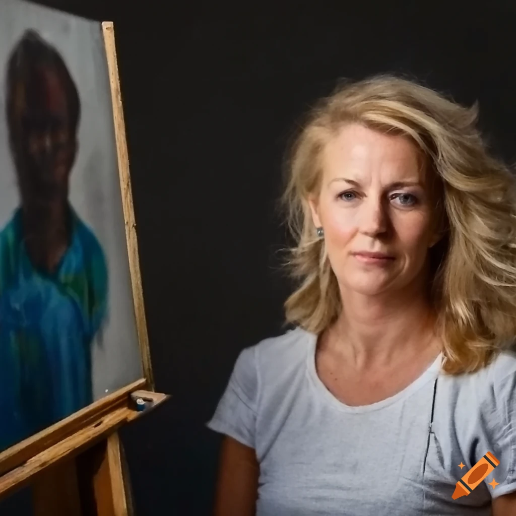 Blonde female artist painting in a messy studio