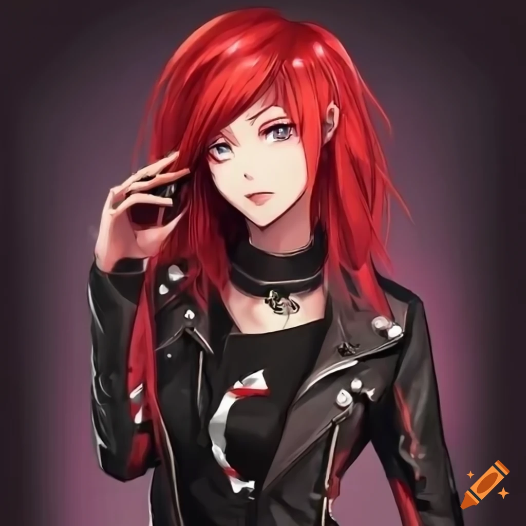 Anime biker chick with red and black hair in a black biker jacket